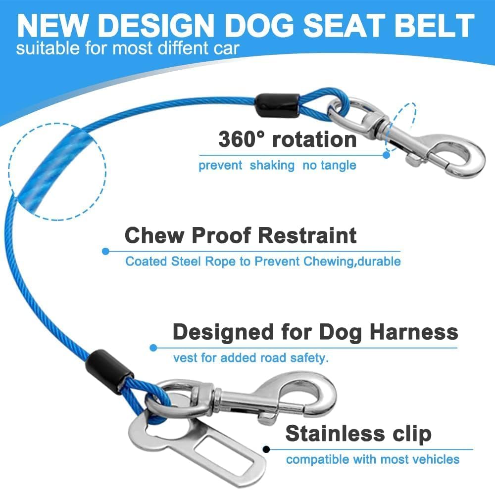 Dog Seat Belt Harness for Car,Dog Seatbelt of Coated Wire Leash Safety Restraint,No Chew Tether Cable Vehicle,Double Clips & Latch(Blue, 32 inch/80 CM)