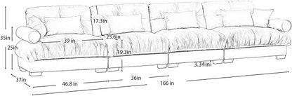 166" Grey Modular Sectional Sofa, 4 Seater Large Sectional Couches for Living Room, Velvet Fabric Oversized Fluffy Cloud Couch with Ottoman, Deep Seat Home Sofas Set, Sofá Moderno