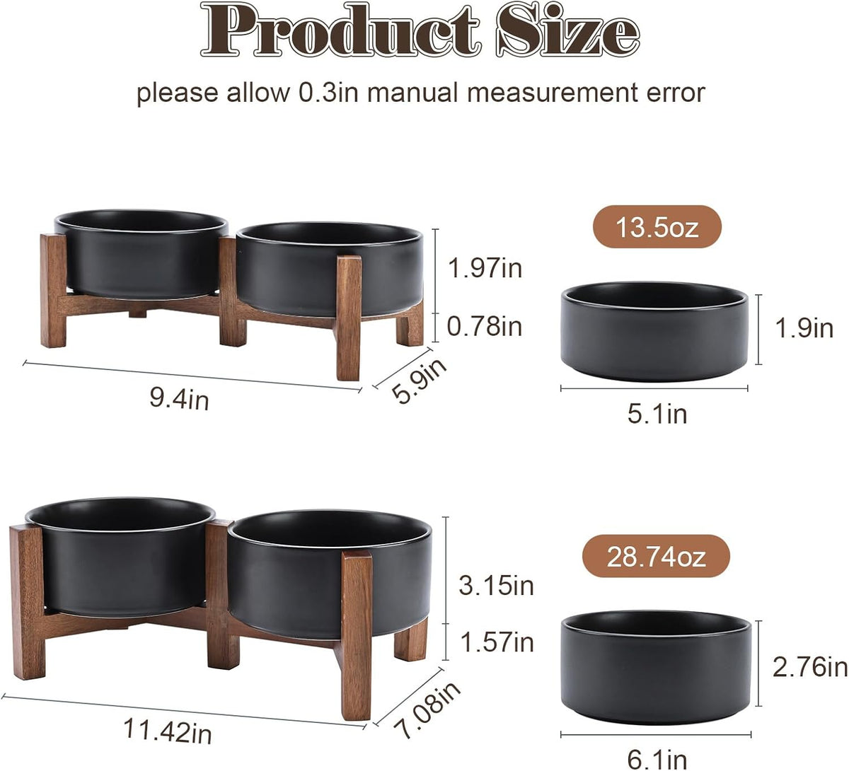 SPUNKYJUNKY Ceramic Dog Bowls with Acacia Wood Stand - Raised Dog Food and Water Bowl Set for Medium Dogs (28.74 OZ, Black)