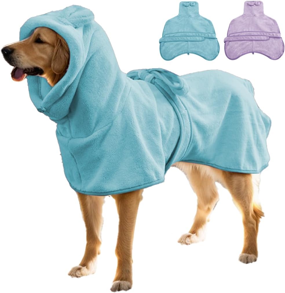 KOOGALSmall to Medium Size Dog Bathrobe, Quick Drying Super Absorbent Used for After Bathing, Warm Dog Towels, Adjustable Hoodies and Belts for Pet Dogs Bath Clothes Products (Blue, XL)