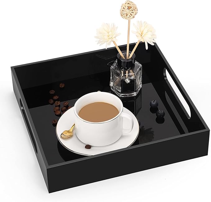 Home Decorative Coffee Table Tray, 10"x10" Elegant Acrylic Serving Trays with Handles Works for Eating, Breakfast, Makeup Drawer Organizer,Bathroom Vanity Table,Ottoman Tray, Black
