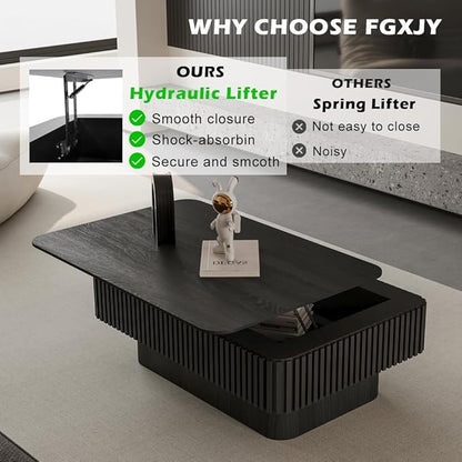 FGXJY Lift Top Coffee Table with Storage, Solid Wood Coffee Table with Adjustable Height, Fluted Center Table Accent Tea Table for Living Room, Apartment, Office (38.6" Black)