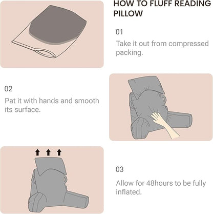 Unisakey Portable Reading Pillows with Headrest for Bed Sitting Up(Brown Oeko-Tex), Velvet Back Pillow with Arms & Pockets for Adults, Support Memory Foam Bed Pillow for Dorm/Reading/Watching/Gaming