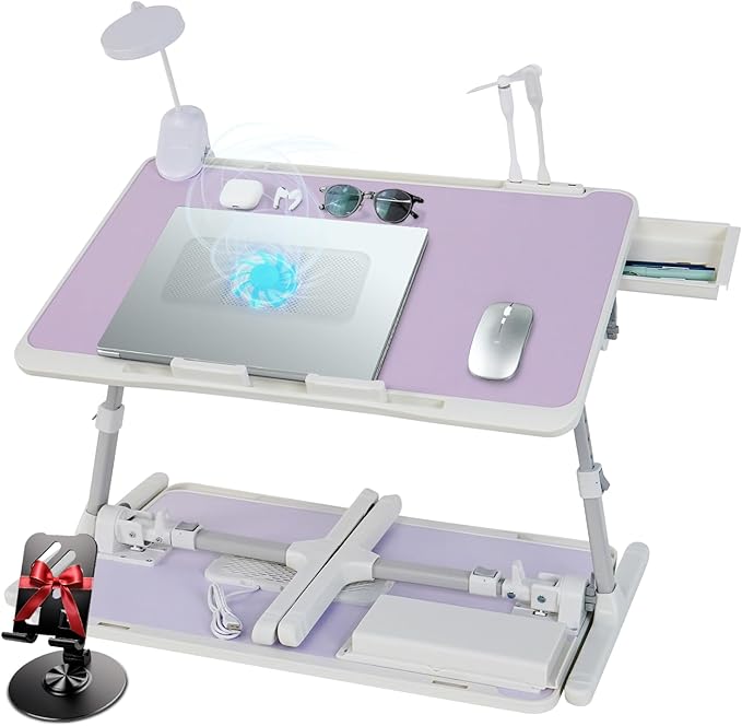 iXTRA Laptop Lap Desk Include Cooling Fan,Adjustable Lap Desk with Light Fan,Folding Laptop Desk for Bed with USB,Bed Desk with Storage Drawer 56x32cm,Purple