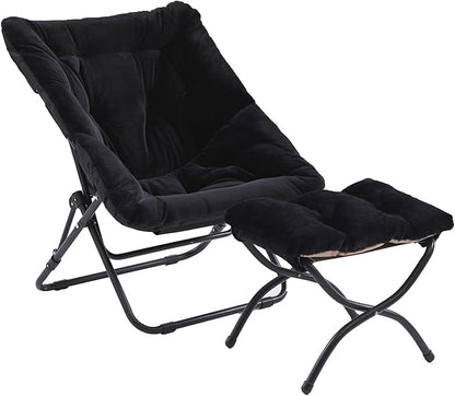 Givjoy Comfy Folded Chair with Ottoman, Oversized Folding Faux Fur Chair Soft Furry Lounge Lazy Chair with Metal Frame Moon Chair Accent Chair for Bedroom, Living Room, Dorm Rooms