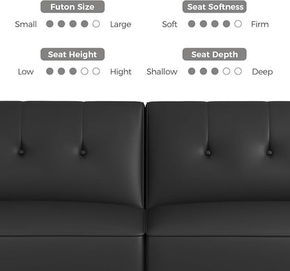 89” Futon Sofa Bed,Futon Couch Bed with 2 Square Pillows,Convertible Sleeper Sofa with Adjustable Backrest& Armrests, Modern Loveseat Sleeper for Living Room, Bedroom,Faux Leather Black
