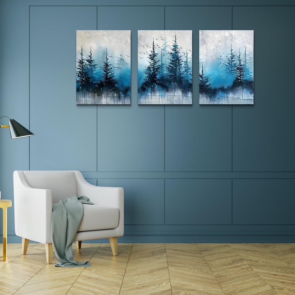 TTHYUEWS Boho Wall Art For Living Room Canvas Wall Decor For Bedroom Forest Landscape Wall Pictures Blue Tree Abstract Wall Paintings Artworks Ready To Hang Office Aesthetic Wall Decoration 3 Piece