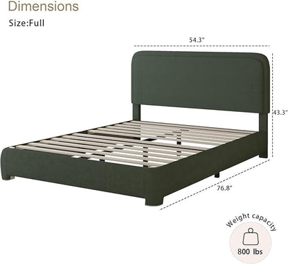 BarnFurin Full Size Bed Frame with Headboard, Boucle Upholstered Platform Bed Frame, Modern Style, Soft Rounded Corners, No Box Spring Required, Easy Assembly, Green