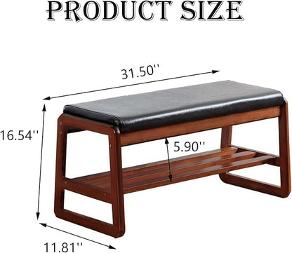 latifolia Solid Wood Bench, Entryway Shoe Bench with Cushion, 2 Tier Shoe Storage Organizer for Hallway, Living Room(Black,31.50''L)