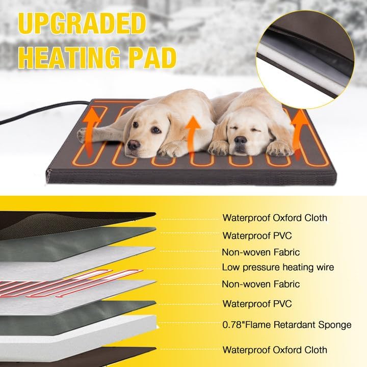 Outdoor Heated Dog House with All-Around Insulated Liner Weatherproof Puppy Shelter Indoor Dog Kennel, Anti-Bite Dog Home for Large Breed with Porch (Brown-2, 50.8" D x 37.4" W x 37.2" H)