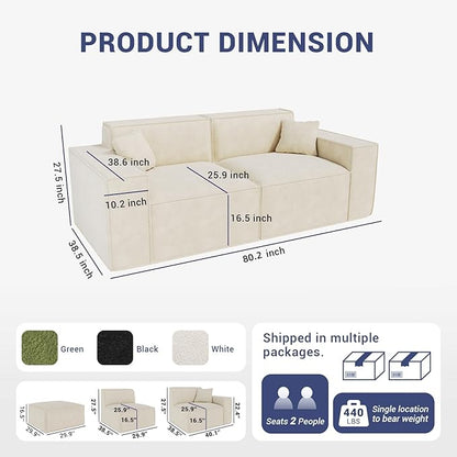 80.3" Cloud Sectional Couch, Chenille Boneless Couch 2 Seater with Deep Seats & Wide Armrests, Comfy Modular Sectional Sofa Memory Foam Compression Floor Sofa for Living Room, No Assembly Required