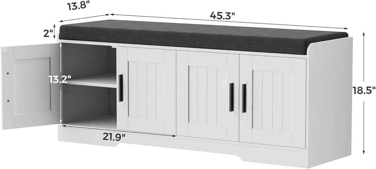 2-Tier Storage Bench, Shoe Bench with Thickened Padded Seat Cushion, Entryway Bench with 4 Doors, Adjustable Shelf, 13.8" D x 45.3" W x 18.5" H, for Entryway, Living Room, Bedroom, White