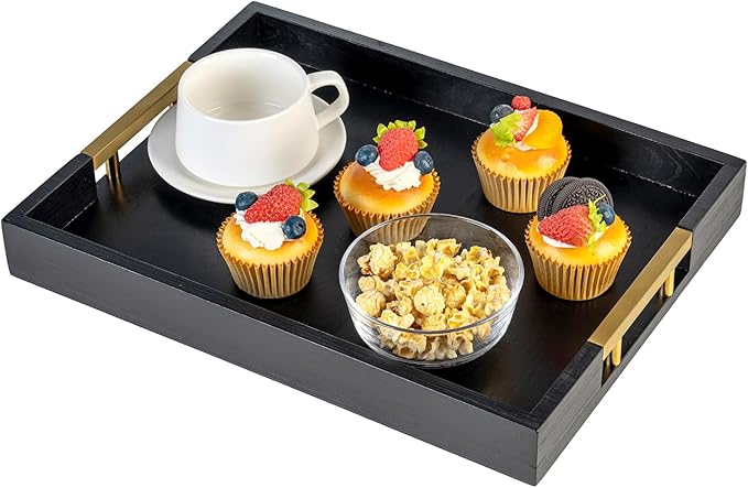 MyGift 15.5 Inch Decorative Ottoman Tray, Designer Vintage Black Solid Wood Serving Platter with Gold Tone Metal Handles, Coffee Table Kitchen Home Decor