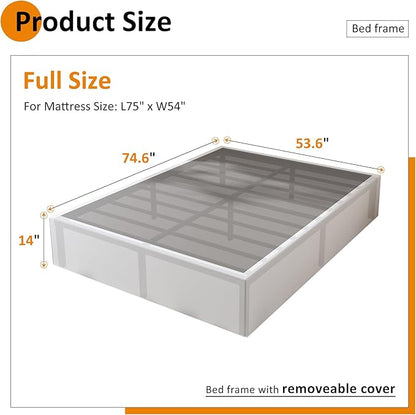 14 Inch Full Bed Frame with White Fabric Cover, Heavy Duty Metal Bed Frame Full, No Box Spring Needed, Support Up to 3000 lbs, Easy Assembly, Noise Free, Black