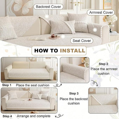 HANDONTIME Chenille Pet Couch Cover Floral Pattern – Soft Fringed Edges, Non-Slip Washable Sofa Slipcover, Jacquard Sofa Cushion Cover, Protects Furniture from Dogs, Cats & Kids (Khaki,35.4" x 63")