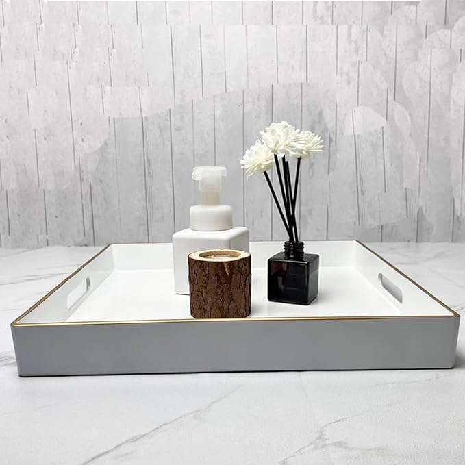 White Decorative Tray, Square Serving Tray with Handles, Plastic Coffee Table Tray for Ottoman, Living Room, Kitchen Tabletop, 13"x13"x1.6"