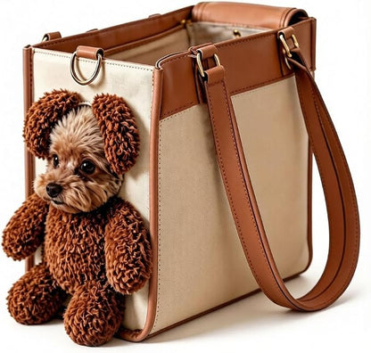 Teddy Bear Dog Carrier Bag, Teddy Carrier Bag for Dogs and Cats, Portable PU Leather Shoulder Tote with Plush Ears, Portable Convenient，White Brown Color Scheme