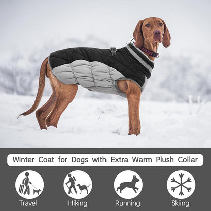FUAMEY Dog Coat for Large Dogs,Waterproof Dog Winter Jacket with Harness Built in Puppy Cold Weather Coats Reflective Pet Vest with Zipper Warm Fleece Dogs Snowsuit Windproof Black XXL