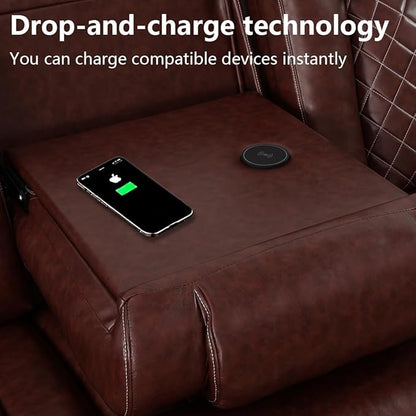 Toseslo Power Leather Recliner Sofa Set with LED Light, Brown Leather Sectional Sofa Set, Living Room Furniture Sets, Modern Power Reclining Sets with Storage Console for Living Room