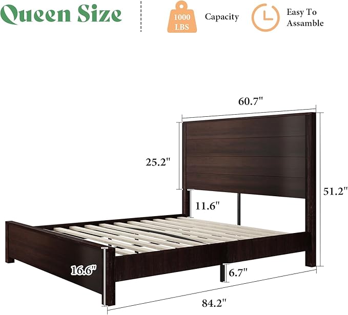 AMERLIFE Queen Size Bed Frame with 51.2" Spliced Headboard, Rustic Bedframe Wood Platform Bed/Wood Slats Support, No Box Spring Needed, Noiseless, Dark Brown