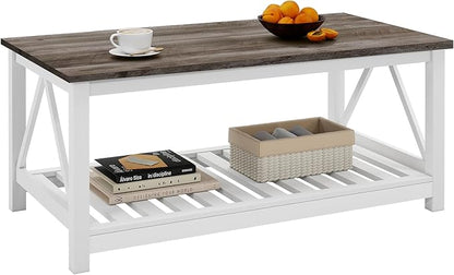 UYIHOME Farmhouse Coffee Table, White Oak Coffee Table for Living Room, 2-Tier Rectangular Wooden Centre Cocktail Table with Slats Shelf Storage and V-Shaped Frame Modern Coffee Oak Grey