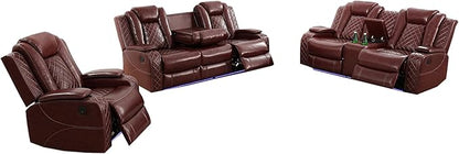 Toseslo Power Recliner Sofa Set, Brown Leather 3 Pieces Sectional Couch, Living Room Furniture Sets with LED Light, Modern Power Reclining Sets with Storage Console/Cup Holder for Living Room