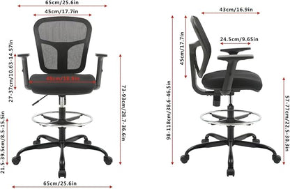 Drafting Chair, Tall Office Chair Ergonomic Standing Desk Chair,Rolling Desk Chair with Adjustable Armrest & Foot Ring,SGS Certified Gas Cylinder,High Rebound Sponge. (Black)