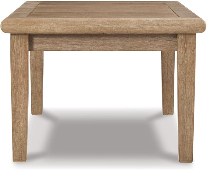 Signature Design by Ashley Gerianne Contemporary Outdoor Rectangular Cocktail Table, Slatted Top Sheds Rainwater, Eucalyptus Wood, 50" W x 26" D x 18.63" H, Beige