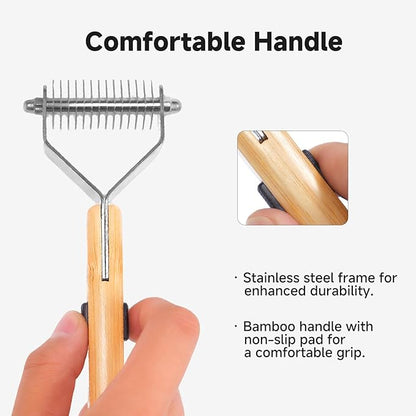 Bamboo Undercoat Rake & Deshedding Comb Set - 4 Piece Pet Grooming Kit with Detangling Brush for Matted Fur Removal, Gentle Massage and Deep Cleaning for Dogs and Cats