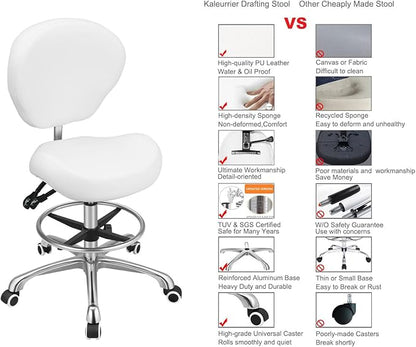 Kaleurrier Adjustable Height Drafting Stool Drafting Chair with Backrest & Foot Rest,Swivel Rolling Stools for Work Studio Dental Office Salon Kitchen Counter Tall Home Desk Chairs (White)