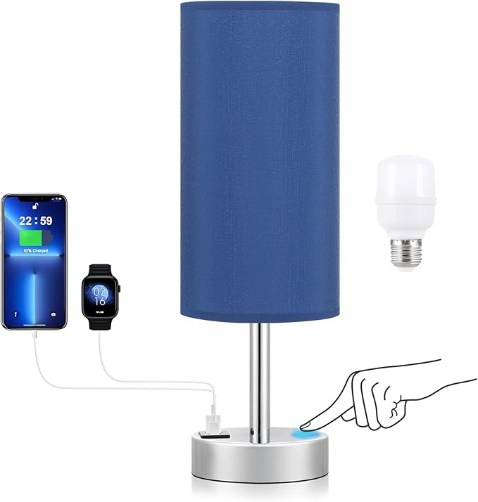 Navy Blue Touch Lamp for Boys - Small Nightstand Lamp with USB-C and USB Charging Ports, 3 Way Dimmable Bedside Table Lamp with Fabric Shade Silver Base for Nursery, Dorm, Office, Reading