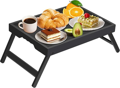 Artmeer Bed Tray Table with Folding Legs,Bamboo Breakfast in Bed for TV Table, Laptop Computer Tray,Eating,Snack Tray(Black) Extra-Large Size
