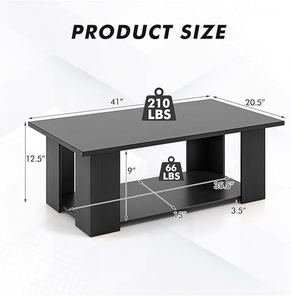 Tangkula 2-Tier Coffee Table, Modern Rectangular Center Cocktail Table with 5 Support Legs, Wooden Accent Living Room Furniture, Small Coffee Table for Small Spaces, Easy Assembly (Black)