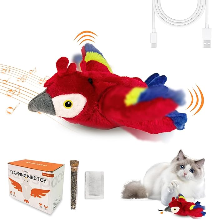 Interactive Flapping Bird Cat Toy with Catnip, Touch Activated Rechargeable, Musical Sound (can Turn Off), Satisfy Cat's Natural Huting Instinct, Soft Plush Washable Cover (Red)