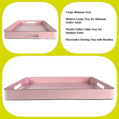 Large Pink Tray, Elegant Plastic Coffee Table Tray for Ottoman, Home Decor, Living Room.16.7"*12"*1.6"