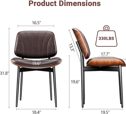 YaFiti Dining Chairs Set of 2, Dining Room and Kitchen Chairs, Mid Century Modern Accent Chair, Upholstered PU Leather Chairs for Vanity with Walnut Bentwood and Metal Legs, Brown