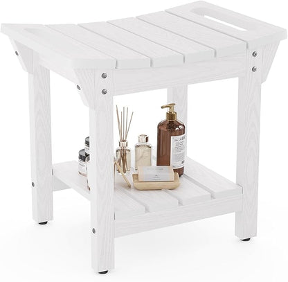 Waterproof Shower Bench, Poly Lumber Shower Stool for Shaving Legs, Shower Chair Seat with Storage Shelf and Handles, Bathroom Bench for Inside Shower, Non-Slip