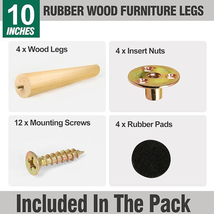 FoDau770 Rubber Wood Furniture Legs 10 Inches, Slant Tapered Wood Feet Mid Century Sofa Legs Set of 4, 5/16" UNC Furniture Feet Replacement Parts for Cabinet Couch Dresser Chair Ottoman Table