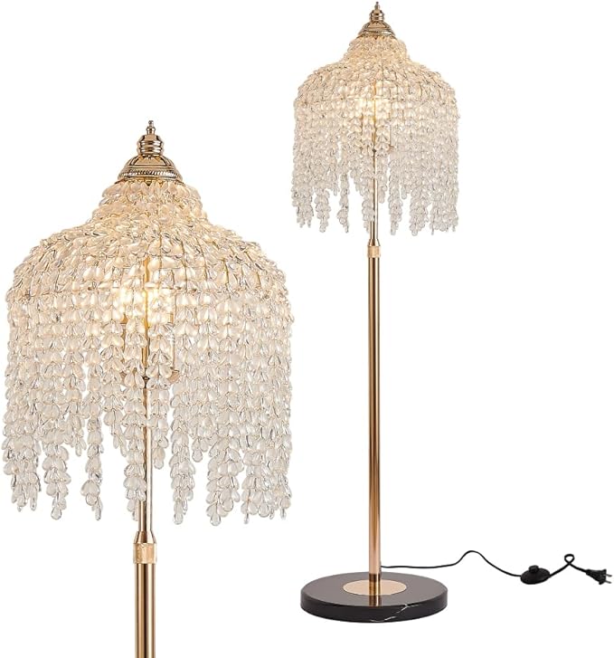 Vintage Style Floor Standing Lamp, Waterfall Design with Grape-Shaped Tall Gold Pole Light, Modern Dimmable Crystals Standing Lamps (Gold + Iron-7)