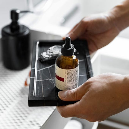 Natural Real Marble Bathroom Vanity Tray Countertop 9'' Makeup Organizer for Dresser, Guest Towel Holder Tray Napkin Holder for Bathroom (Black)