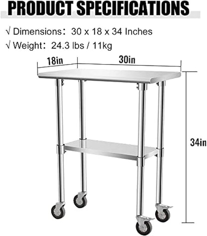 Stainless Steel Table - Metal Table Cart - Commercial Workbench with Caster Wheel - NSF Certified - for Restaurant, Warehouse, Home, Kitchen, Garage,30''x18''