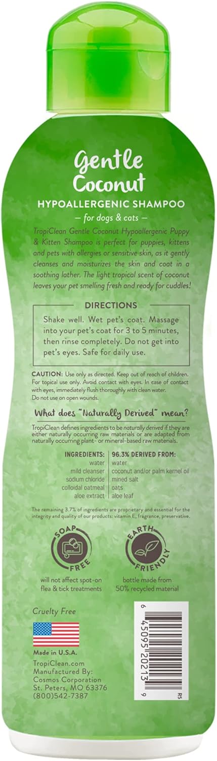 TropiClean Gentle Puppy Shampoo, Dog Shampoo for Allergies & Sensitive Skin, Made in USA, Gentle Coconut Scent, Safe for Cats & Kittens, 20oz