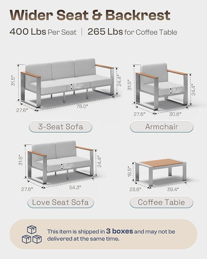 ComfCove Aluminum Outdoor Furniture Set, 4 Seats Outdoor Patio Conversation Sets with Ergonomic Seat and Wide Washable Thick Cushions, Modern Patio Sectional Furniture for Balcony, Porch (Teak-Gray)