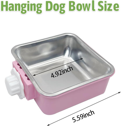 kathson Crate Dog Bowl, Removable Stainless Steel Hanging Pet Kennel Cage Bowl Food & Water Feeder Coop Cup for Puppy, Cat, Rabbit,Guinea Pigs 2pcs Large Square(Blue,Pink)