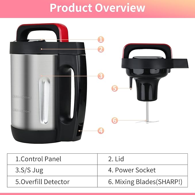 2L Soup Maker, Makes 2-6 Servings, LCD Touch Control Panel, Stainless Steel