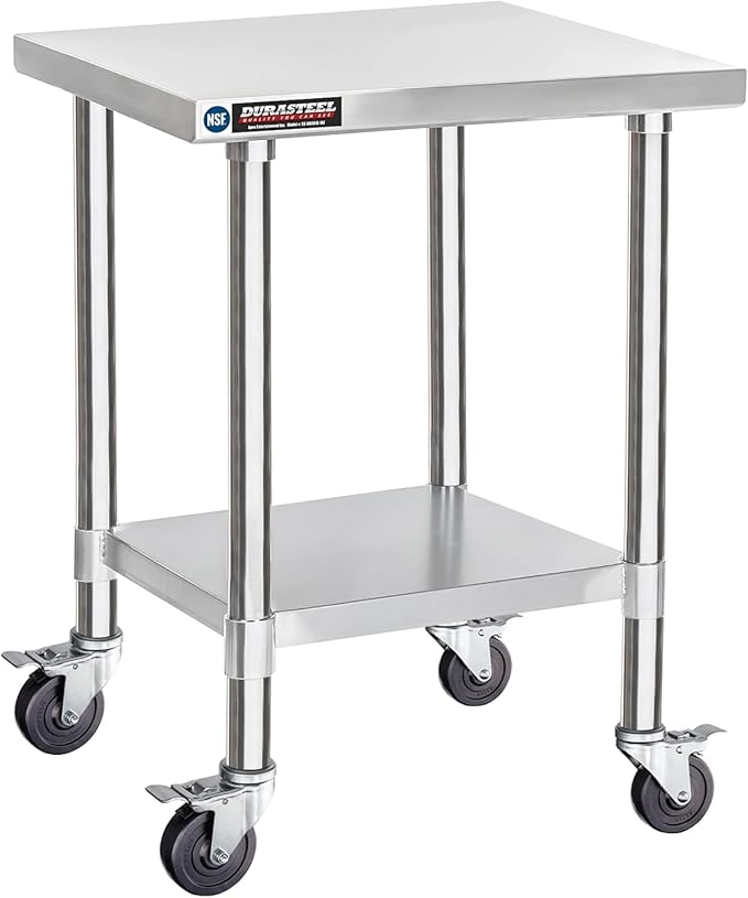 DuraSteel 30x18 NSF Stainless Steel Cart Work Table - Heavy Duty Rolling Food Prep Table - Metal Utility Cart on Wheels Caster, Grill Stand Microwave Outdoor Kitchen Tables Countertop Island Large Top