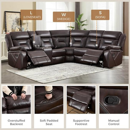 EBELLO Faux Leather Reclining Sectional Sofa Set for Living Room, 1 Recliner Chair and L-Shaped Reclining Couches Home Furniture Set with Center Console, Hidden Cup Holders and Storage, Dark Brown