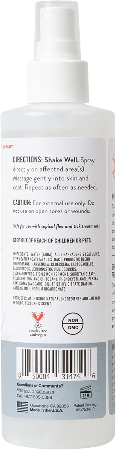 SKOUT'S HONOR Probiotic Itch Relief Spray for Pets - Non-Medicated, Fragrance-Free, Natural, Vegan, Long-Lasting Relief, with Soothing Aloe & Avocado Oil, 8 oz