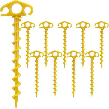 COBARYEN Tent Stakes Ground Anchors Screw in, 10 Pack Sand Stakes for Beach 9.4 Inch Heavy Duty Spiral Tent Pegs for Camping, Party, Hiking, Outdoor Decoration (10, Yellow)