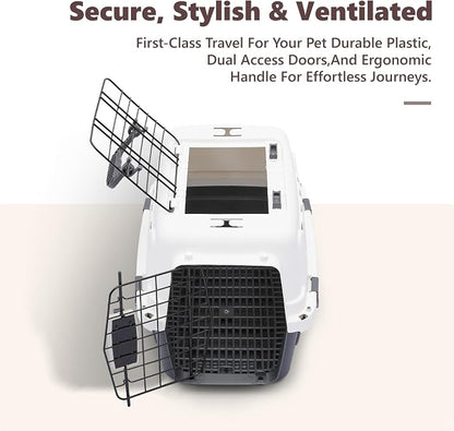 Athena Collection 18" Hard-Sided Travel Pet Carrier for Small Dogs and Cats | Plastic Dog Carriers with 2-Door Top & Front Load & Ventilation & Security Lock, Cat Dog Carrier for Pet, up to 10lbs, Grey